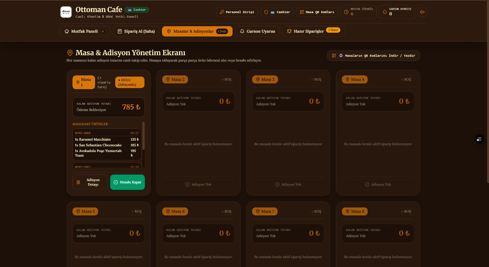 BrewControl Masa Adisyon Yönetim Ekranı