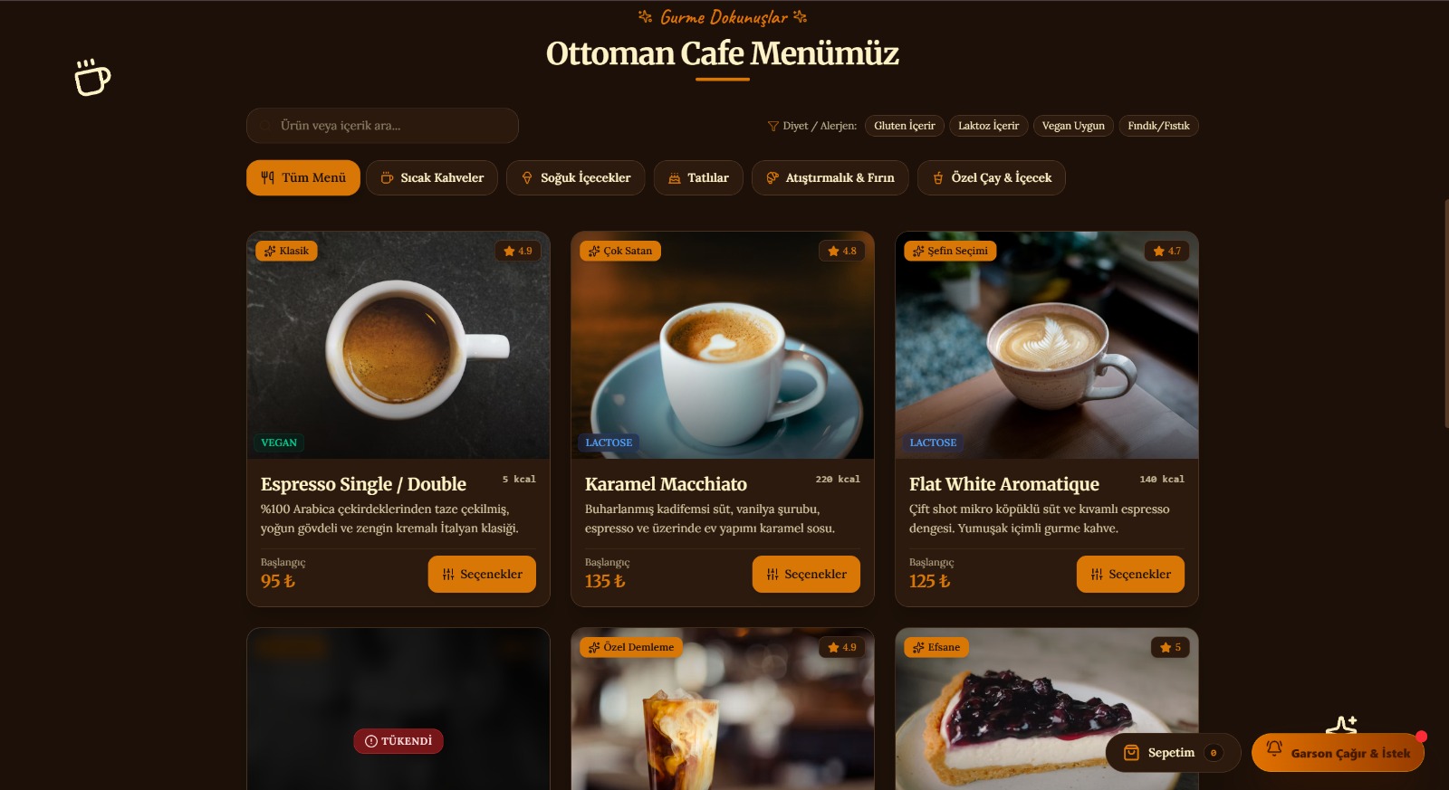 BrewControl Ürün Seçenekleri ve Kategori Listesi