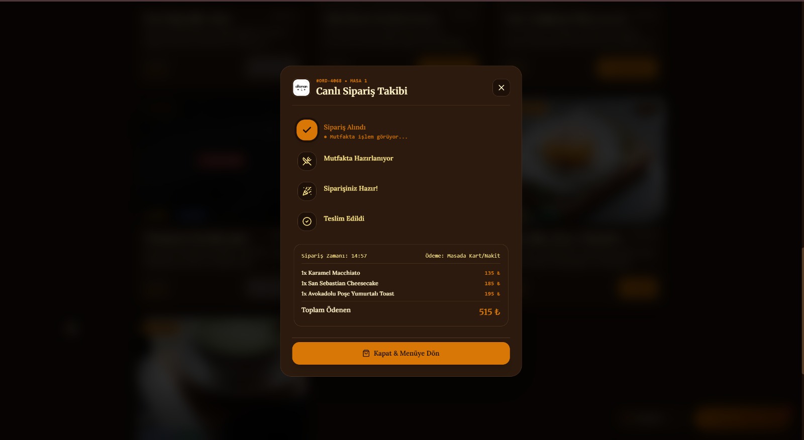 BrewControl Müşteri Canlı Sipariş Durum Takip Ekranı